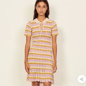 Striped Crochet  Polo collar Scalloped Knit dress by Sandro